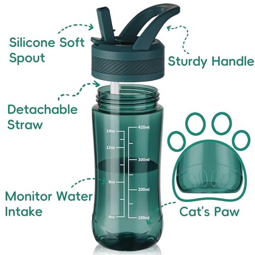 14oz Clear Kids Water Bottle with Straw Lid, BPA-Free Tritan, Measurement Scale, Sturdy Handle Wide Mouth Leak-proof Reusable Plastic Bottle for Boy& Girls, Back to School(Dark Green) - color: Dark Green