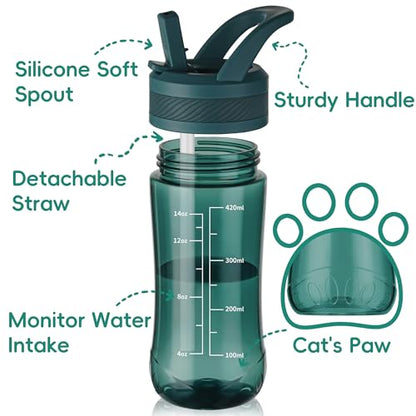 14oz Clear Kids Water Bottle with Straw Lid, BPA-Free Tritan, Measurement Scale, Sturdy Handle Wide Mouth Leak-proof Reusable Plastic Bottle for Boy& Girls, Back to School(Dark Green) - color: Dark Green