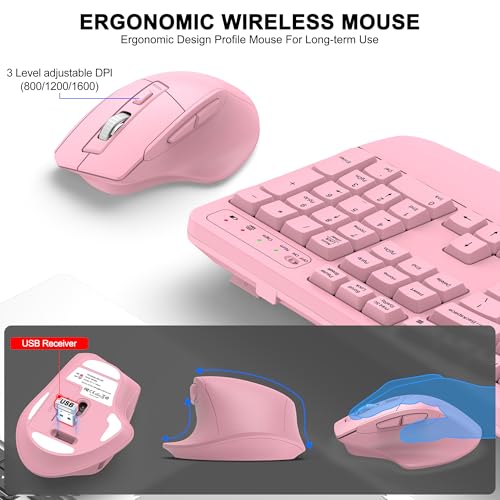 Wireless Keyboard and Mouse Combo, 2.4G Full Size Wave Keys Ergonomic Keyboard with Wrist Rest and 3-Level DPI Adjustable Wireless Ergonomic Mouse for Windows, Mac OS Desktop/Laptop/PC(Pink) - color: Pink