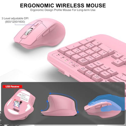 Wireless Keyboard and Mouse Combo, 2.4G Full Size Wave Keys Ergonomic Keyboard with Wrist Rest and 3-Level DPI Adjustable Wireless Ergonomic Mouse for Windows, Mac OS Desktop/Laptop/PC(Pink) - color: Pink