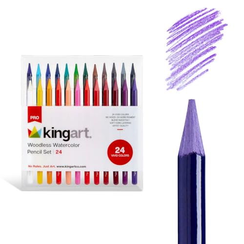 KINGART 315-24 Pro Artist Quality 24 Ct. Woodless Watercolor Pencil Set, 24 Soft Core, Pre-Sharpened Crayon Style Art Pencils, Use Wet or Dry, Professional to Beginner