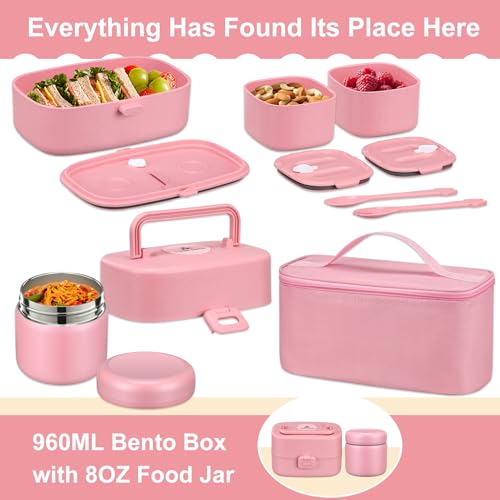 Pawtong Bento Lunch Box with 8oz Soup Thermo, Kids Sustainable Bento Box Leakproof Lunch Food Containers with Lunch Bag, Kids Thermo Insulated Hot Food Jar for School, Trvael (Pink) - color: Pink