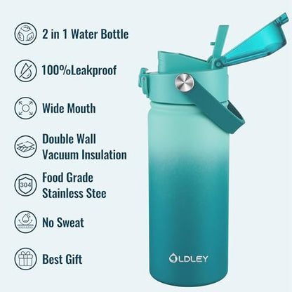 OLDLEY 18oz Insulated Water Bottle with 2-in-1 Straw & Chug Lid, Leakproof Stainless Steel Bottle, Cup Holder Friendly Vacuum Water Bottle for Travel, and School,Teal Ombre - color: Teal Ombre