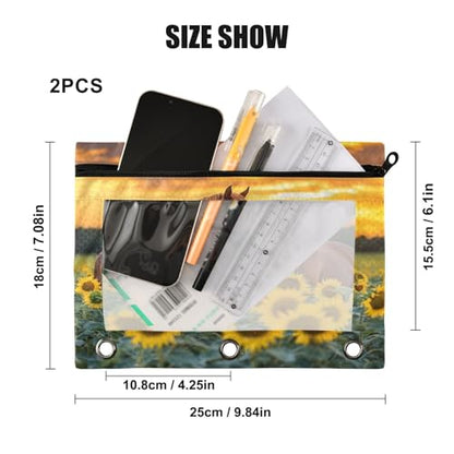 Kcldeci Pencil Pouch for 3 Ring Binder, Horse Sunflower 2 Pack Binder Pencil Pouch with Clear Window Pencil Bags with Zipper Pencil Case for Binder - color: B06