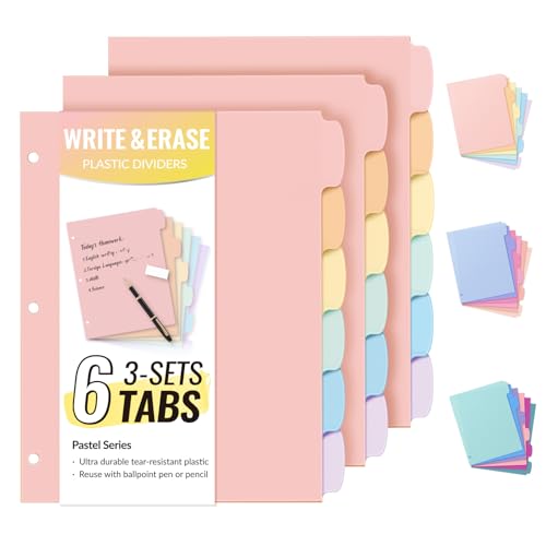 Sooez 6-Tab Durable Plastic Write & Erase BigTab Dividers for 3 Ring Binder | Aesthetic Cute Binder Dividers for Student, Teacher, Office, Home Organizers, 3 Sets - color: Pastels, size: 3 set