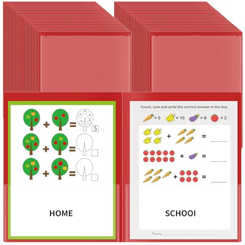 50 Pcs Parent Teacher Classroom Communication Folder with Clear Front Pockets, 2 Pockets Homework Folders Take Home Plastic Folders for Kid Student Home and Classroom (Red) - color: Red