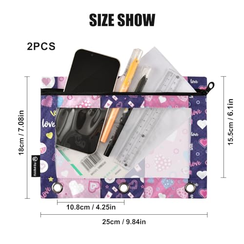 ZAZYXTJ Personalized Heart Binder Pencil Pouchs 3 Ring | with Zipper Clear Window Office Organizers bag for School Students Teacher Supplies 2 Pack - color: Heart
