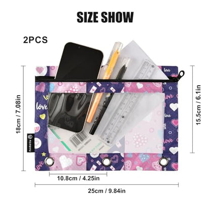 ZAZYXTJ Personalized Heart Binder Pencil Pouchs 3 Ring | with Zipper Clear Window Office Organizers bag for School Students Teacher Supplies 2 Pack - color: Heart