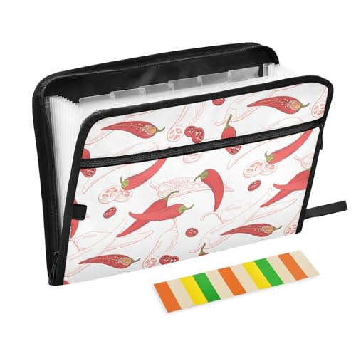 Chilli Pepper Red Sketch File Folders,Plastic Folders with 13 Pockets,Expandable File Folder for Documents School Students Office,Aesthetic Folder with Labels A4 Letter Size - color: Multicolor 26