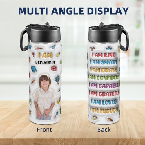 Personalized Kids Water Bottle with Photo, Custom Stainless Steel Insulated Sport Water Bottle for School, Back to School Gifts for Boy Girl, Insulated Tumbler with Straw Lid Handle, 18 OZ - color: # design 02 pic
