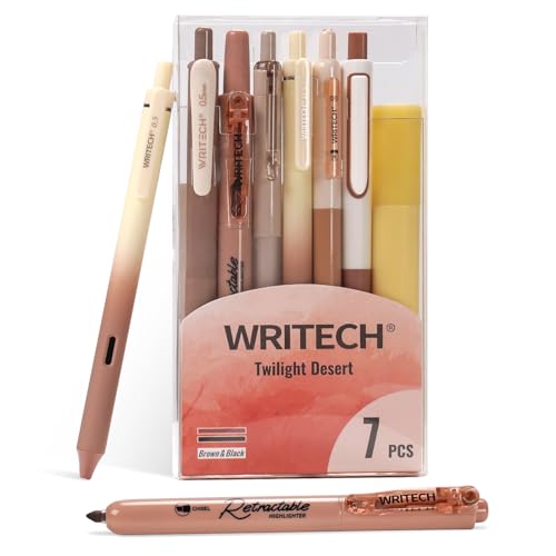 WRITECH Gel Pens Journaling Highlighters: Journal Set Aesthetic Assorted Earth Tones Color Ink 0.5mm Fine Point Retractable 0.7mm Black Pen Smooth Writing Drawing No Bleed 7ct (Brown) - color: Brown