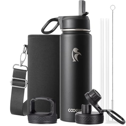 Coolflask 20 oz Insulated Water Bottle with Straw & 3 Leakproof Lids | Water Flask Stainless Steel Triple-Wall Vacuum, Cupholder Friendly, Cold 48+h, Dishwasher Safe, Non-BPA, for Gym & Hiking - color: Magic Black, size: 20 Ounces