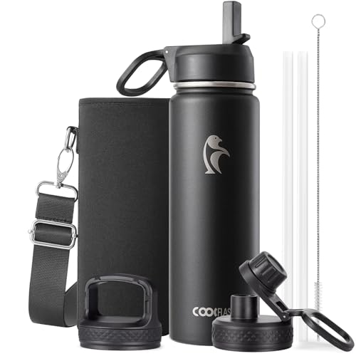 Coolflask Water Bottle 24 oz Insulated with Straw, Stainless Steel Metal 3 Lids Water Flask Wide Mouth for Sports or Office, Non-BPA Keep Cold Up to 48 Hrs or Hot Up to 24 Hrs, Magic Black - color: Magic Black, size: 24 Ounces