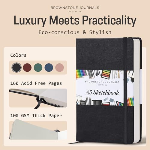 BROWNSTONE JOURNALS A5 Sketch Book Hardcover - 80 Sheets 100 GSM Paper 5"x8", Lay Flat, Vegan Leather Cover, Elastic Band, Back Pocket, Art Drawing Book (Charcoal Black) - color: Charcoal Black, size: A5 (5" x 8")