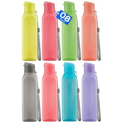 Bulk Water Bottles Set of 8 –17oz Multicolor Sports Bottles for Kids and Adults – Leak Proof Water Bottles with Carry Strap – Square Reusable Bottles for Juice, Drinks – BPA-Free Dishwasher-Safe - color: 8 pack combo