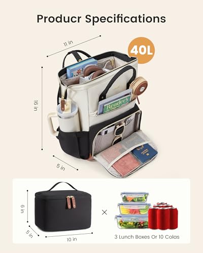 LOVEVOOK Lunch Backpack for Women, 15.6 Inch Laptop Backpack with Insulated Lunch Compartment, Built-in Cooler Work Bag, Wide Open Computer Backpack with Tumbler Holder, Water-Resistant Nurse Teacher - color: Carbon