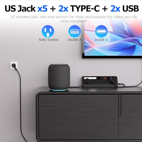 Desk Extension Lead with USB Slots, BOCHLION PD 35W + PD 20W Fast Charging Power Station with Night Light, 5 Way Plug Extension Socket Surge Protector, Desktop Power Strip 1.8M for Home Office (Black) - color: Black