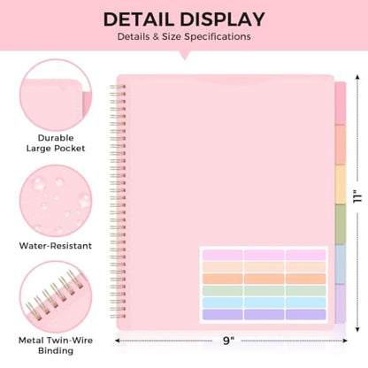 SKYDUE 12 Pocket Organizer, Spiral Multi Pocket Folder with Dividers, Pink Organize Notebook - color: Pink