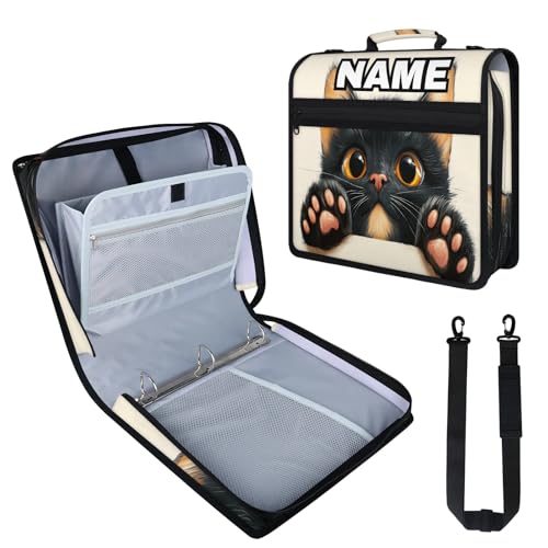 Custom Zipper Binder Fluffy Black Cat 3 Ring Binder 1.5 Inch Expanding Pockets File Folder Large Capacity Document Organizer Bag with Handle and Strap - color: Multi 1