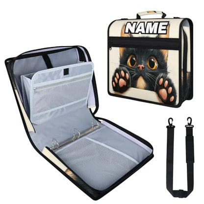 Custom Zipper Binder Fluffy Black Cat 3 Ring Binder 1.5 Inch Expanding Pockets File Folder Large Capacity Document Organizer Bag with Handle and Strap - color: Multi 1
