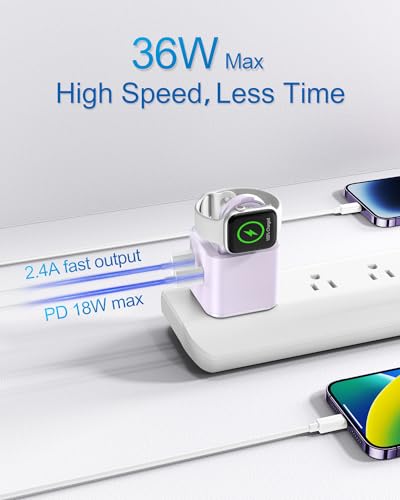 BeaSaf 36W for Apple Charging Block with Built-in Watch Charger, Foldable PD Fast Charger Block for iPhone, Dual Ports Wall Charger Compatible with Apple Watch iPhone AirPods(Purple) - color: Purple