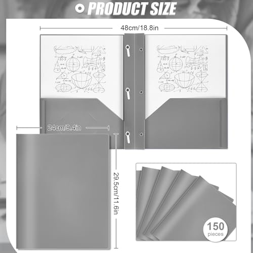 Yeaqee 150 Pack Plastic Folders with Prongs Heavy Duty Plastic 2 Pocket Folder with 3 Prongs, Business Card Slot for Back to School Office Home 11.6 x 9.5 Inch (Grey) - color: Grey
