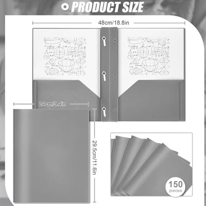 Yeaqee 150 Pack Plastic Folders with Prongs Heavy Duty Plastic 2 Pocket Folder with 3 Prongs, Business Card Slot for Back to School Office Home 11.6 x 9.5 Inch (Grey) - color: Grey