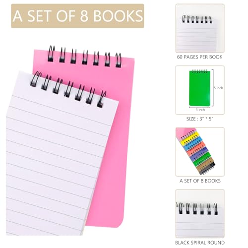 KTOJOY 8 Pack Pocket Notebook Small 3x5 Spiral Notepads With Lined Pages, Small Top Spiral Notebook Little Mini Memo Steno Note Pads for Outdoor Home Office College School