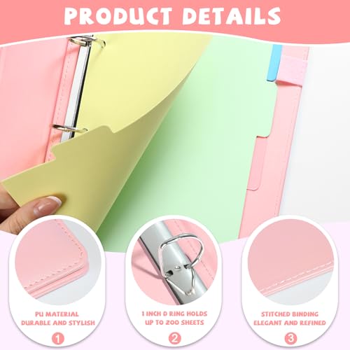 2 Pack Mini Size 3 Ring Binder 1 Inch Rings 5 Colors Dividers Pu Leather Binders 5.5" X 8.5" Holds 200 Sheets Paper Three Ring Binder DRing with Pen Loop 1 Pockets School Office (Purple&Pink) - color: Purple&pink, size: 1"D Ring
