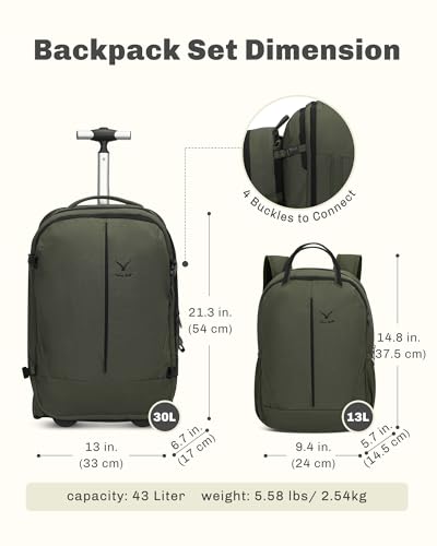 Hynes Eagle 2 in 1 Travel Backpack Set Rolling Backpack with Wheels Carry on Luggage 43L with Personal Item Bag for Men Women 17 inches Laptop Backpack Dark Green - color: Dark Green