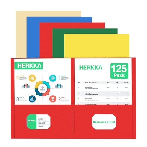 Two Pocket Folder, HERKKA 125 Pack 2 Pocket Folders with Business Card Slot, Letter Size Paper Folders Designed for Office and Classroom Use, Assorted 5 Colors