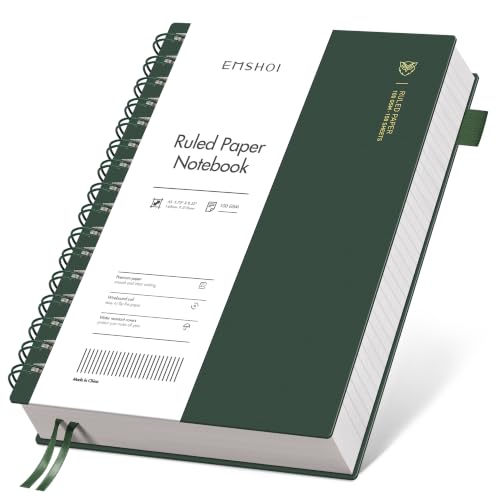 EMSHOI Lined Spiral Journal Notebook, 300 Pages, A5 Size (5.7'' x 8.2'') | College Ruled, 100 GSM Thick Paper, Flexible Plastic Cover, for School, Writing, Work, Office & Journaling (Deep Green) - color: DGreen, size: A5