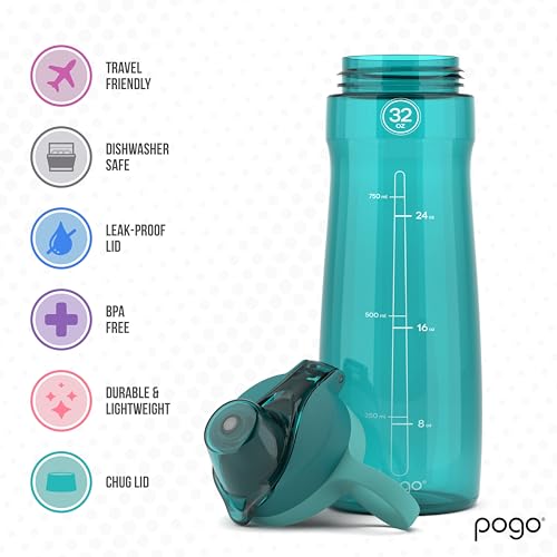 Pogo BPA-Free Plastic Water Bottle with Chug Lid, 32 Oz, Quetzal Teal - color: Teal, size: 32 Ounces