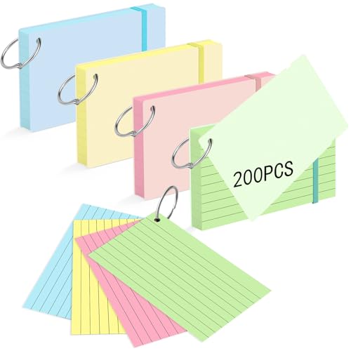HAUTOCO 200 PCS Colored Index Cards 3x5 with Rings, Ruled Flashcards with Waterproof Covers, 4 Colors Note Cards for Studying, Vocabulary, Recipes, Office & School - color: 4 Colors-2, size: 3 x 5, 200 PCS