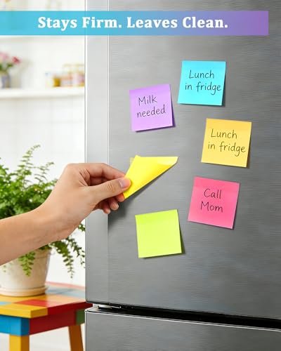 6 Pack Bright Color Sticky Notes 3x3 Inch, 100 Sheets/Pad 600 Total, Adhesive Memo Pads for Office School Home Organization