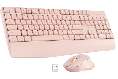 PHILIPS Wireless Keyboard and Mouse Combo-Ergonomic Keyboard and Mouse Wireless Combo with Silent Design,Plug n' Play,Sleep Mode and 2.4GHz Keyboard for Mac, Windows, Laptop-Pink - color: Pink