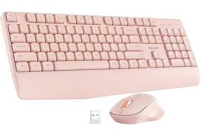 PHILIPS Wireless Keyboard and Mouse Combo-Ergonomic Keyboard and Mouse Wireless Combo with Silent Design,Plug n' Play,Sleep Mode and 2.4GHz Keyboard for Mac, Windows, Laptop-Pink - color: Pink