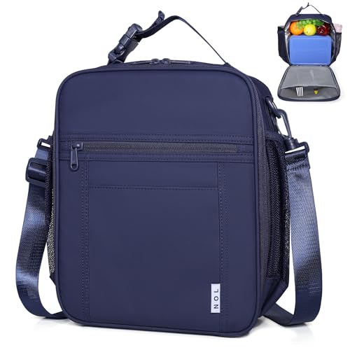 NOL Nylon Waterproof Kids Lunch Bag, Insulated Lunch Bag, Lunch box Cooler, Reusable, Zip Closure with Buckle Handle Holds Lunch Box, Snacks & Water Bottle for School Work, Navy blue - color: Navy Blue, size: Vertical (7 Liters)