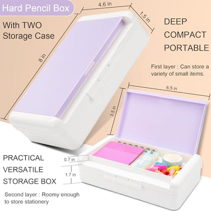 SFLHHDM Pencil Box, Double Layer Large Capacity, White Purple, 1pcs | Plastic, Snap-tight Lid, Stackable Storage, For Gel Pen Pencils Crayons - color: White Purple-1pcs