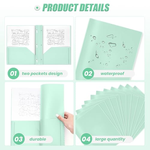 Yeaqee 30 Pcs Plastic Folders with Pockets and Prongs Plastic Folder 2 Pockets 3 Prongs with Business Card Slot Back to School Folders for Students, Teachers, Office Workers (Mint Green) - color: Mint Green