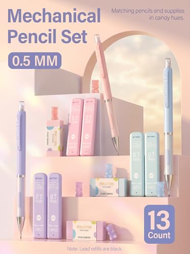 Four Candies Cute Pastel Mechanical Pencil Set, 0.5mm, 3 Pack | 360 Lead Refills, 3 Erasers, 9 Eraser Refills, Storage Case, Non-Slip Grip, Fine Lines for Notes, Tests & Drawing - style: 0.5mm