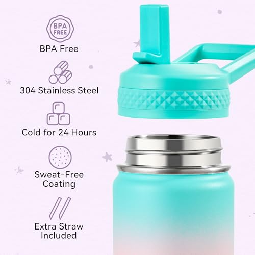 Fijinhom 12 oz Toddler Bottle, 2 Pack Kids Water Bottle for School Boys & Girls with Straws Lids, 304 Stainless Steel Vacuum Insulated Thermos, BPA-Free, Aurora + Gradient Purple - color: AA.Aurora & radient Purple