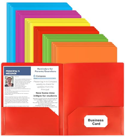 Plastic Folders with Pockets, 24 Color Heavy Duty Two Pocket Folder Business Card Holder for Office High School - size: 24 Pack