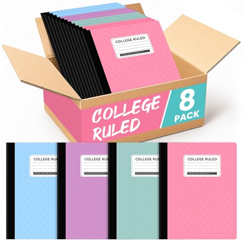 Taja Composition Notebooks College Ruled, 8 Pack Aesthetic Composition Notebooks, 160 Pages (80 Sheets), 9-3/4" x 7-1/2", Pastel Colors, Perfect for School, Office and Note Taking - size: 8-pack