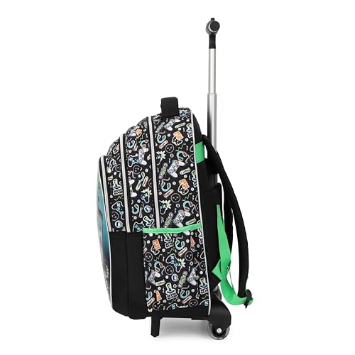 Cartoon Rolling Backpack for Boys Girls, Kids 5 Pcs Wheeled Backpack, Travel Backpack for Elementary Students (Game Black) - color: Game Black
