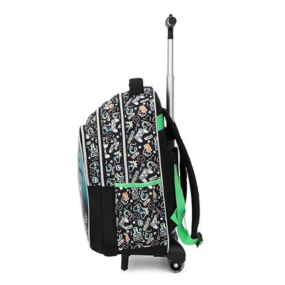 Cartoon Rolling Backpack for Boys Girls, Kids 5 Pcs Wheeled Backpack, Travel Backpack for Elementary Students (Game Black) - color: Game Black