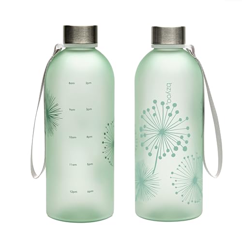 bzyoo 32oz 1 Liter Clear Water Bottle with Time Marker, Dandelion Design, Durable Plastic, BPA-Free, Reusable with Measurement Markings for Fitness and Outdoor Activities (Color: Green) - color: Dandelion Green