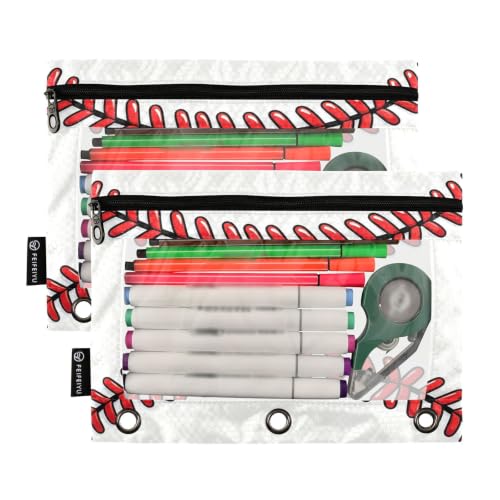 Pencil Pouch 3 Ring Baseball Lace Red Stitches Zipper Pencil Pouches Case Binder Cosmetic Bag 2 Pack for Office School College Supplies - color: Baseball Lace Red Stitches