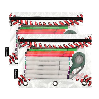 Pencil Pouch 3 Ring Baseball Lace Red Stitches Zipper Pencil Pouches Case Binder Cosmetic Bag 2 Pack for Office School College Supplies - color: Baseball Lace Red Stitches