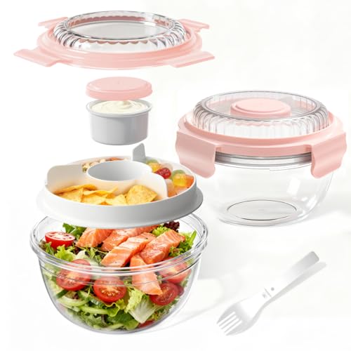 WHALEHOUSE 2-Pack 33 OZ Clear Eco-friendly SK chemicals ECOZEN Salad Container Sets, Portable Plastic Salad Bowls with Lid, Leak-Proof Dressing Container, Bento Lunch Box for Meal Prep & Food Storage - color: Pink-2 Pack
